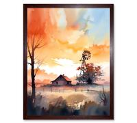 Artery8 Wall Art Print Sunrise Clouds over Countryside Farmhouse Cabin with Old Windmill Tower Modern Watercolour Painting Art Framed Artery8 Brown W12" x H16"