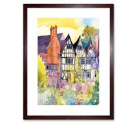 Artery8 Wall Art Print Sunrise Over Tudor Houses & Spring Blossoms Modern Watercolour Painting Artwork Framed 9X7 Inch in Brown | Size: W7" x H9" Artery8 Brown W7" x H9"