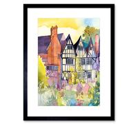 Artery8 Wall Art Print Sunrise Over Tudor Houses & Spring Blossoms Modern Watercolour Painting Artwork Framed 9X7 Inch in Black | Size: W7" x H9" Artery8 Black W7" x H9"