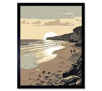 Artery8 Wall Art Print Sunrise Walk on Filey Beach Coastal Art Framed in Beige | Size: W12" x H16" Artery8 Beige W12" x H16"