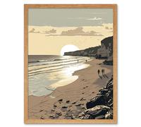 Artery8 Wall Art Print Sunrise Walk on Filey Beach Coastal Art Framed in Light Oak | Size: W12" x H16" Artery8 Light Oak W12" x H16"