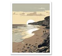 Artery8 Wall Art Print Sunrise Walk on Filey Beach Coastal Art Framed in White | Size: W12" x H16" Artery8 White W12" x H16"