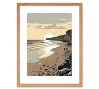 Artery8 Sunrise Walk on Filey Beach Coastal Illustration Artwork Framed Wall Art Print 9X7 Inch