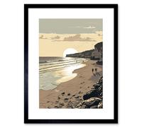 Artery8 Sunrise Walk on Filey Beach Coastal Illustration Artwork Framed Wall Art Print 9X7 Inch