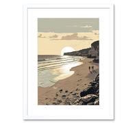 Artery8 Wall Art Print Sunrise Walk on Filey Beach Coastal Artwork Framed 9X7 Inch in White | Size: W7" x H9" Artery8 White W7" x H9"