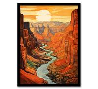 Artery8 Sunset At Grand Canyon Oil Painting Warm Colours USA National Park Gorge Artwork Framed Wall Art Print A4