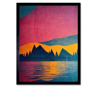 Artery8 Wall Art Print Sunset at Lakeside Modern Colourful Pop Art Design Art Framed in Black | Size: W12" x H16" Artery8 Black W12" x H16"
