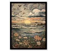 Artery8 Sunset At Turbulent Sea Pastel Colour Painting Autumn Wildflowers On Coastal Shore Landscape Artwork Framed Wall Art Print A4