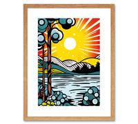 Artery8 Wall Art Print Sunset Lakeside Landscape Comic Book Style Bubble Patterns Halftone Artwork Framed 9X7 Inch in Beige | Size: W7" x H9" Artery8 Beige W7" x H9"