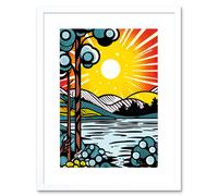 Artery8 Wall Art Print Sunset Lakeside Landscape Comic Book Style Bubble Patterns Halftone Artwork Framed 9X7 Inch in White | Size: W7" x H9" Artery8 White W7" x H9"