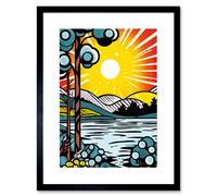 Artery8 Wall Art Print Sunset Lakeside Landscape Comic Book Style Bubble Patterns Halftone Artwork Framed 9X7 Inch in Black | Size: W7" x H9" Artery8 Black W7" x H9"