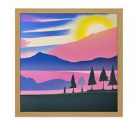 Artery8 Wall Art Print Sunset Mountain Forest Winter Lake Magenta Watercolour Square Framed Picture 16X16 Inch in Light Oak | Size: W16" x H16" Artery8 Light Oak W16" x H16"