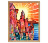 Artery8 Wall Art Print Sunset Over Temple On Cliffs Folk Art Framed in Light Oak | Size: W12" x H16" Artery8 Light Oak W12" x H16"