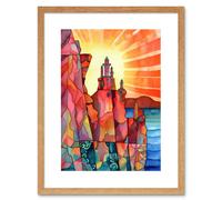 Artery8 Wall Art Print Sunset Over Temple On Cliffs Folk Artwork Framed 9X7 Inch in Beige | Size: W7" x H9" Artery8 Beige W7" x H9"