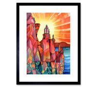 Artery8 Wall Art Print Sunset Over Temple On Cliffs Folk Artwork Framed 9X7 Inch in Black | Size: W7" x H9" Artery8 Black W7" x H9"