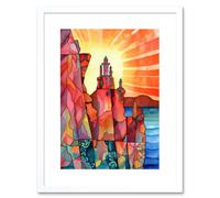 Artery8 Wall Art Print Sunset Over Temple On Cliffs Folk Artwork Framed 9X7 Inch in White | Size: W7" x H9" Artery8 White W7" x H9"