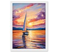 Artery8 Sunset Sailing Vibrant Oil Painting Orange Purple Blue Bathroom Artwork Sail Boat Seascape Artwork Framed Wall Art Print A4