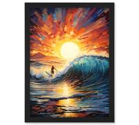 Artery8 Sunset Surf Waves Surfing Artwork Vibrant Blue Purple Orange Setting Sun Behind Surfer in Wavy Seascape Artwork Framed Wall Art Print A4