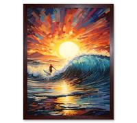 Artery8 Wall Art Print Sunset Surf Waves Surfing Artwork Vibrant Blue Purple Orange Setting Sun Behind Surfer in Wavy Seascape Art Framed Artery8 Brown W12" x H16"
