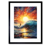 Artery8 Wall Art Print Sunset Surf Waves Surfing Artwork Vibrant Blue Purple Orange Setting Sun Behind Surfer in Wavy Seascape Artwork Framed 9X7 Artery8 Black W7" x H9"