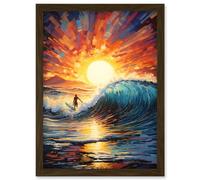 Artery8 Wall Art Print Sunset Surf Waves Surfing Artwork Vibrant Blue Purple Orange Setting Sun Behind Surfer in Wavy Seascape Artwork Framed A4 Artery8 Brown A4
