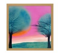 Artery8 Wall Art Print Sunset Tree Silhouette Landscape Modern Abstract Pastel Pink Teal Orange Watercolour Painting Square Framed Picture 16X16 Inch Artery8 Light Oak W16" x H16"