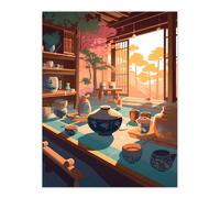 Artery8 Wall Art Print Sunshine Coming Through Window during Tea Ceremony Bright Painting Japan Hospitality Ornate Ceramic Pots Bonsai Tree Artery8 Multicolor W12" x H16"