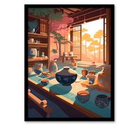 Artery8 Sunshine Coming Through Window during Tea Ceremony Bright Painting Japanese Hospitality Ornate Ceramic Pots Bonsai Tree Traditional Decoration Artwork Framed Wall Art Print A4