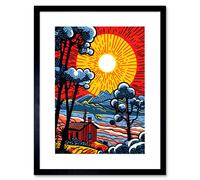Artery8 Wall Art Print Supernova Sunrise Over Countryside Cabin Comic Book Style Mountain Landscape Pop Art Halftone Artwork Framed 9X7 Inch Artery8 Black W7" x H9"