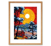 Artery8 Wall Art Print Supernova Sunrise Over Countryside Cabin Comic Book Style Mountain Landscape Pop Art Halftone Artwork Framed 9X7 Inch Artery8 Beige W7" x H9"