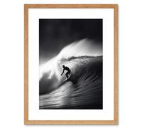 Artery8 Wall Art Print Surfer Riding a Big Wave Black & White Photo Artwork Framed 9X7 Inch in Beige | Size: W7" x H9" Artery8 Beige W7" x H9"