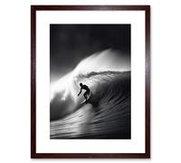 Artery8 Wall Art Print Surfer Riding a Big Wave Black & White Photo Artwork Framed 9X7 Inch in Brown | Size: W7" x H9" Artery8 Brown W7" x H9"