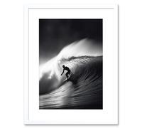 Artery8 Wall Art Print Surfer Riding a Big Wave Black & White Photo Artwork Framed 9X7 Inch | Size: W7" x H9" Artery8 White W7" x H9"