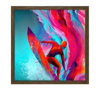 Artery8 Wall Art Print Surfer Riding Wave Sea Abstract Vibrant Bright Watercolour Surfing Pink Turquoise Water Sport Square Framed Picture 16X16 Inch Artery8 Brown W16" x H16"