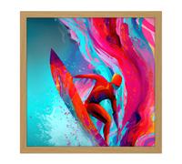 Artery8 Wall Art Print Surfer Riding Wave Sea Abstract Vibrant Bright Watercolour Surfing Pink Turquoise Water Sport Square Framed Picture 16X16 Inch Artery8 Light Oak W16" x H16"