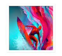 Artery8 Wall Art Print Surfer Riding Wave Sea Abstract Vibrant Bright Watercolour Surfing Pink Turquoise Water Sport Square Framed Picture 16X16 Inch Artery8 White W16" x H16"