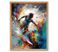 Artery8 Wall Art Print Surfer Surfing on Rainbow Paint Splat Waves Art Framed in Light Oak | Size: W12" x H16" Artery8 Light Oak W12" x H16"
