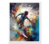 Artery8 Wall Art Print Surfer Surfing on Rainbow Paint Splat Waves Art Framed in White | Size: W12" x H16" Artery8 White W12" x H16"