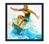 Artery8 Wall Art Print Surfer Surfing Riding Point Break Wave Water Sport Sea Oil Painting Square Framed Picture 16X16 Inch | Size: W16" x H16" Artery8 Black W16" x H16"