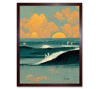 Artery8 Wall Art Print Surfers Surfing Chasing Waves at Sunset Teal Mustard Abstract Oil Paint Art Framed in Brown | Size: W12" x H16" Artery8 Brown W12" x H16"