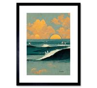 Artery8 Wall Art Print Surfers Surfing Chasing Waves at Sunset Teal Mustard Abstract Oil Paint Artwork Framed 9X7 Inch in Black | Size: W7" x H9" Artery8 Black W7" x H9"