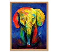 Artery8 Wall Art Print Surreal Baby Elephant Colourful Abstract Bright Art Framed in Light Oak | Size: W12" x H16" Artery8 Light Oak W12" x H16"