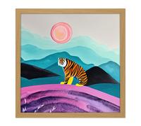Artery8 Wall Art Print Surreal Bengal Tiger Hunts Under A Pink Moon Square Framed Picture 16X16 Inch in Light Oak | Size: W16" x H16" Artery8 Light Oak W16" x H16"