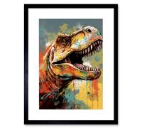 Artery8 Wall Art Print T-Rex Roaring Dinosaur Multicoloured Portrait Artwork Framed 9X7 Inch in Black | Size: W7" x H9" Artery8 Black W7" x H9"