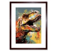 Artery8 Wall Art Print T-Rex Roaring Dinosaur Multicoloured Portrait Artwork Framed 9X7 Inch in Brown | Size: W7" x H9" Artery8 Brown W7" x H9"