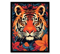 Artery8 Wall Art Print Tangerine Tiger Artwork Bold Bright Amber Orange & Red On Teal Art Framed in Black | Size: W12" x H16" Artery8 Black W12" x H16"