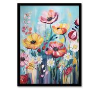 Artery8 Wall Art Print Teal Pink Yellow Flowers Elegant Watercolour Artwork Wildflower Meadow Art Framed in Black | Size: A4 Artery8 Black A4