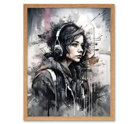 Artery8 Wall Art Print Teenager in Black Hoodie Listening to Music through Headphones Modern Watercolour Painting Art Framed | Size: W12" x H16" Artery8 Light Oak W12" x H16"