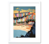 Artery8 Wall Art Print Tenby Castle Beach Coastal Town Summer in Wales Artwork Framed 9X7 Inch in White | Size: W7" x H9" Artery8 White W7" x H9"