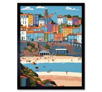 Artery8 Wall Art Print Tenby Castle Beach in Wales Colourful Townscape Art Framed in Black | Size: W12" x H16" Artery8 Black W12" x H16"